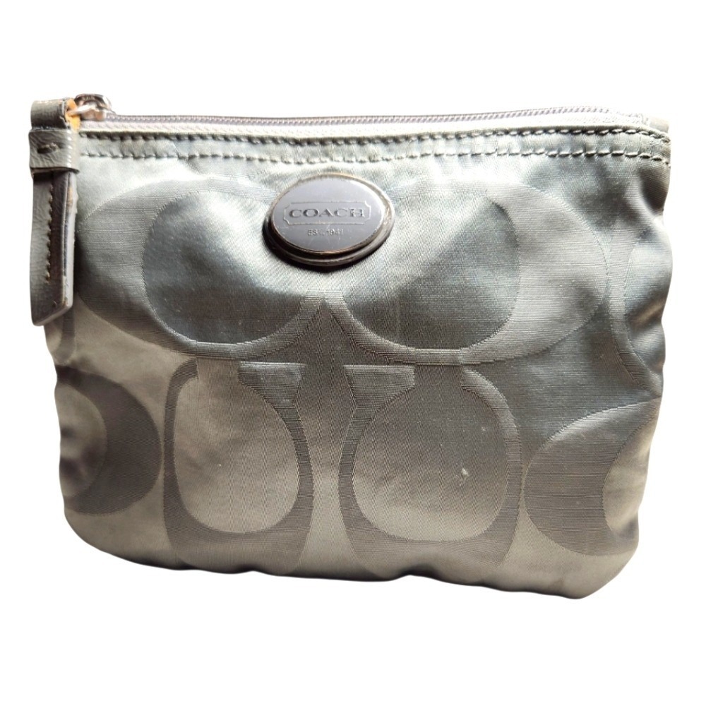 Coach Signature Logo Silver Gray Cosmetic Bag Change Coin Purse Wallet Vinyl